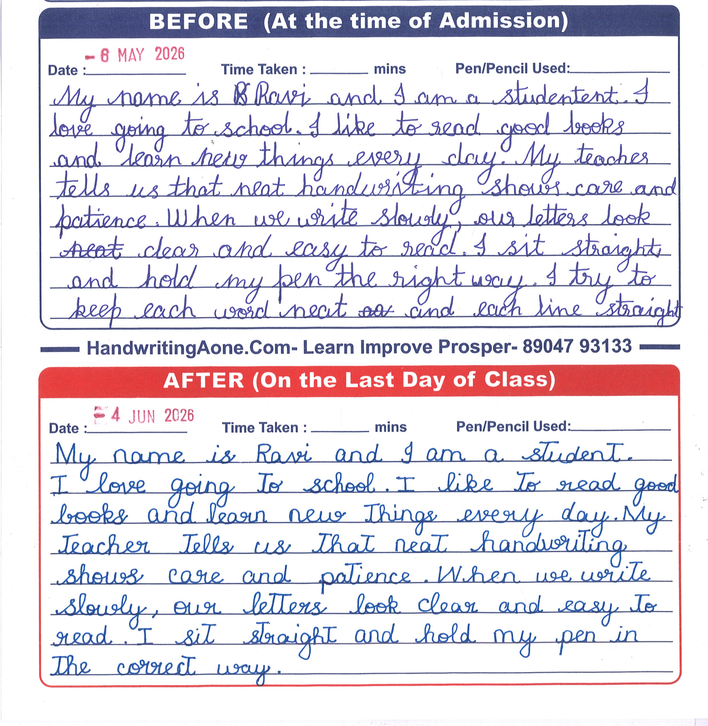 Student elegant cursive handwriting practice sheet sample