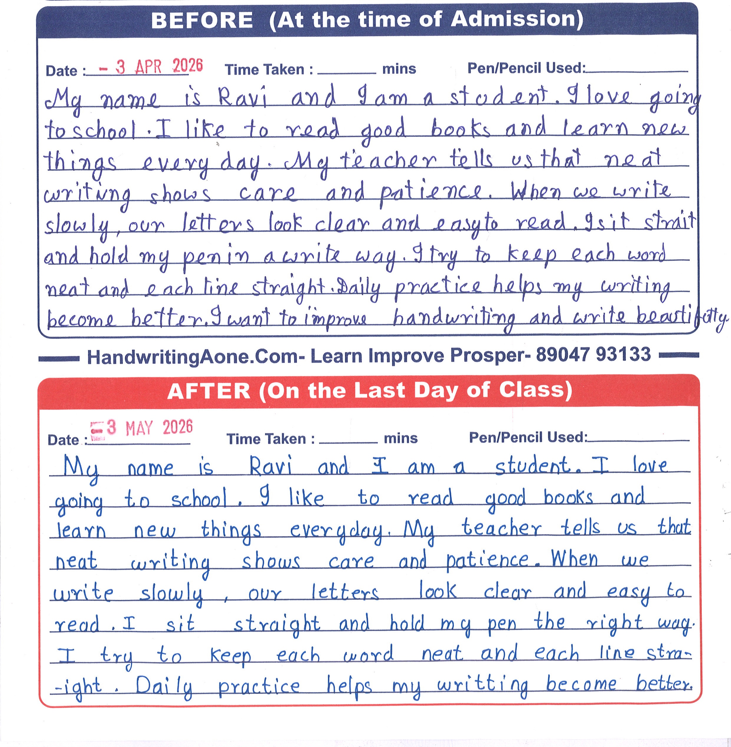 Student neat print handwriting sample