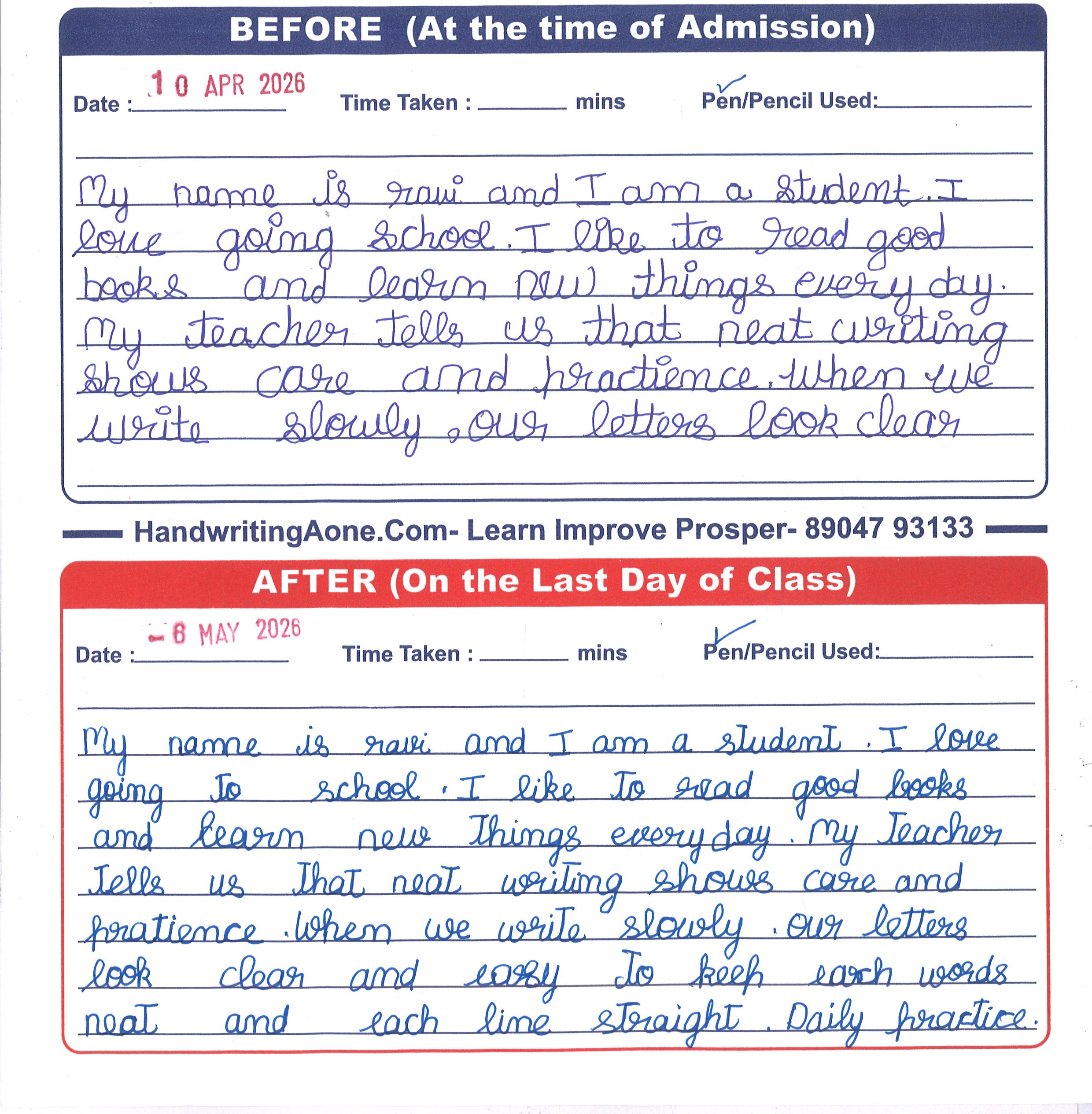 Student neat print block handwriting sample