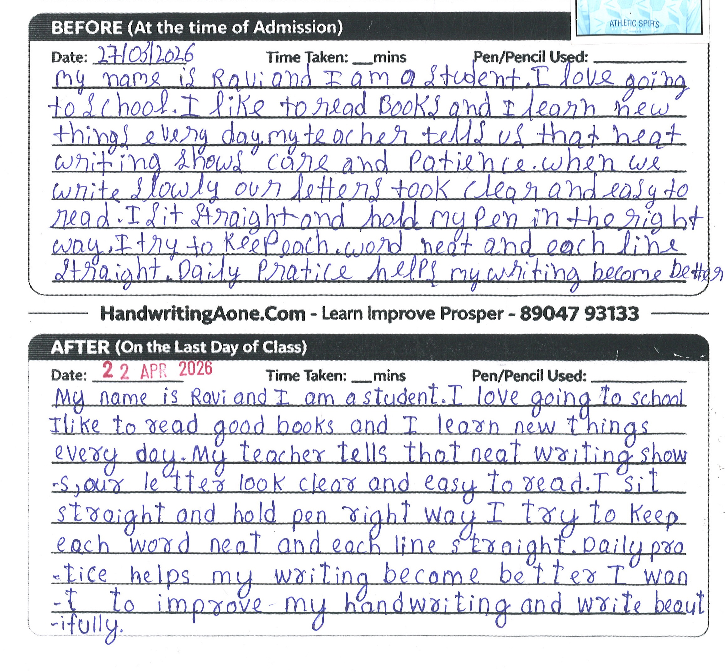 Student elegant print handwriting practice sheet