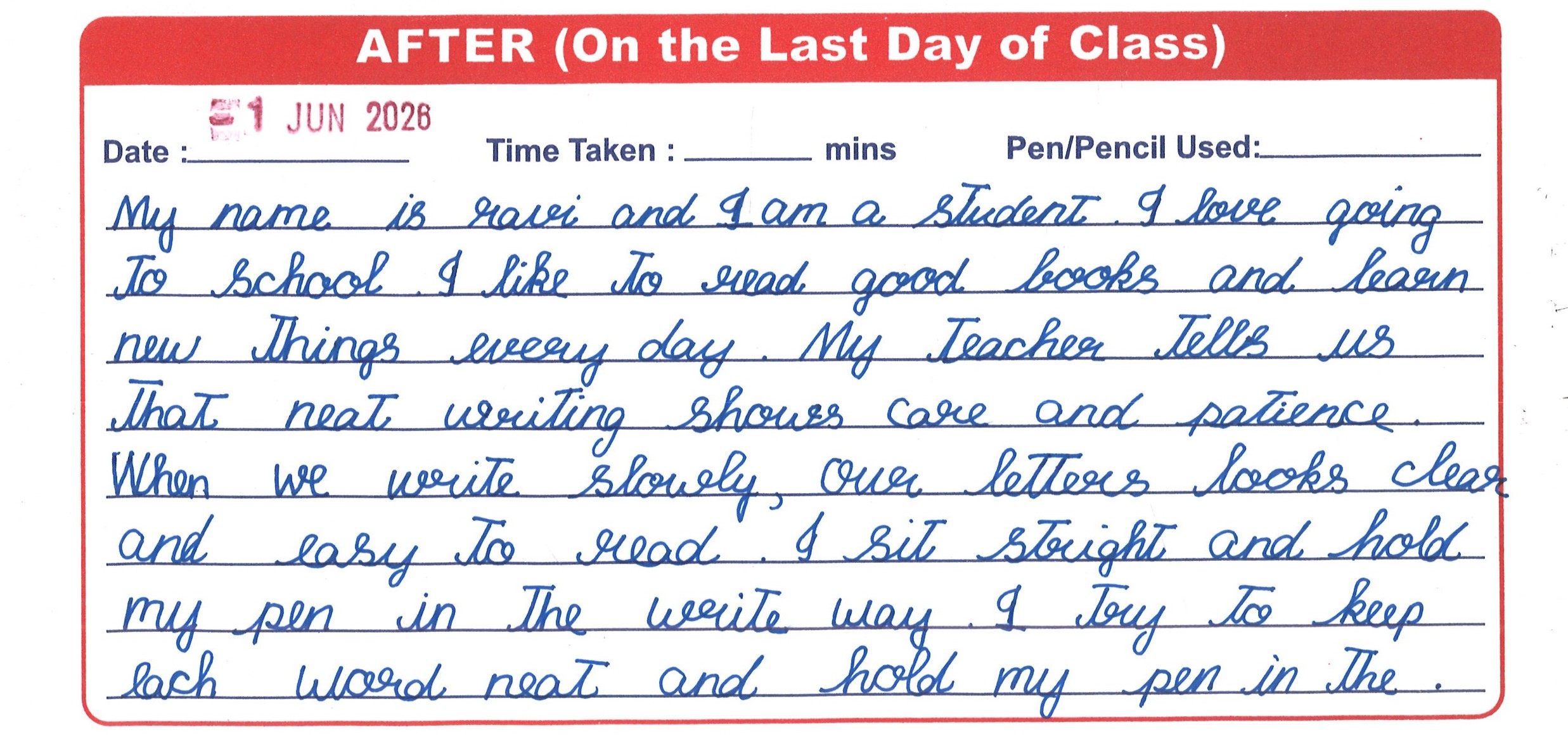 Student neat cursive handwriting after classes