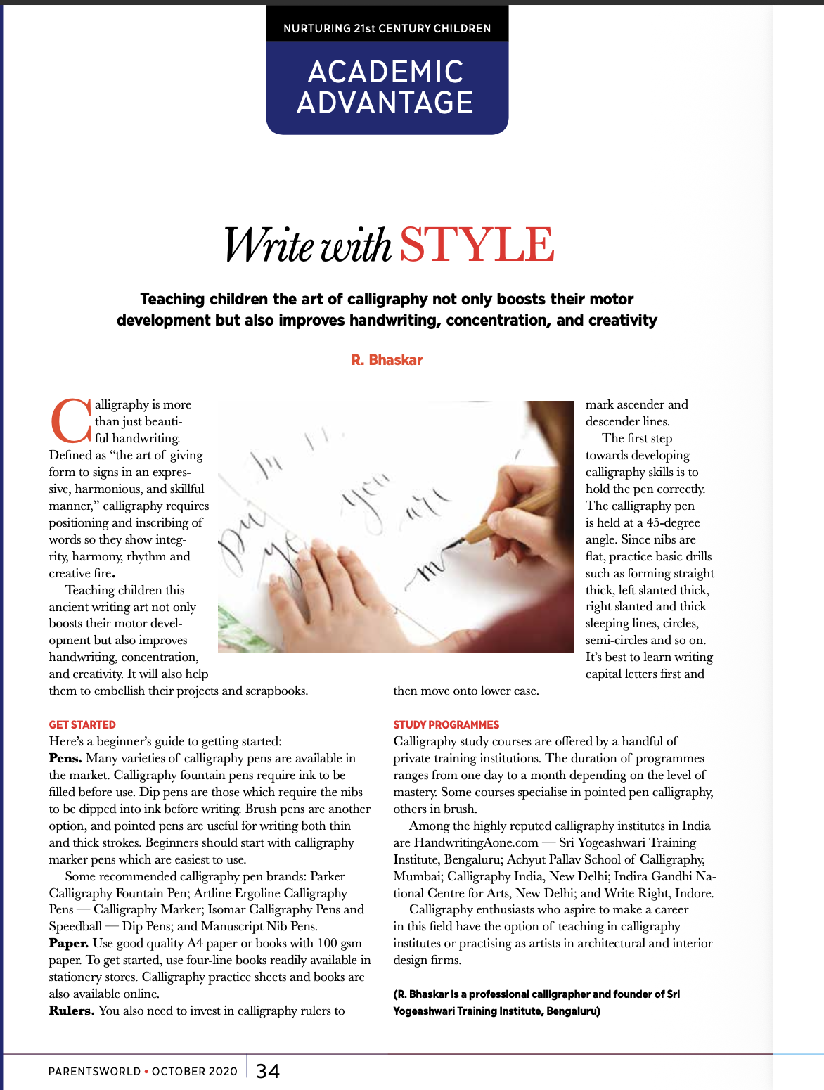 Parents World magazine article featuring R. Bhashkar