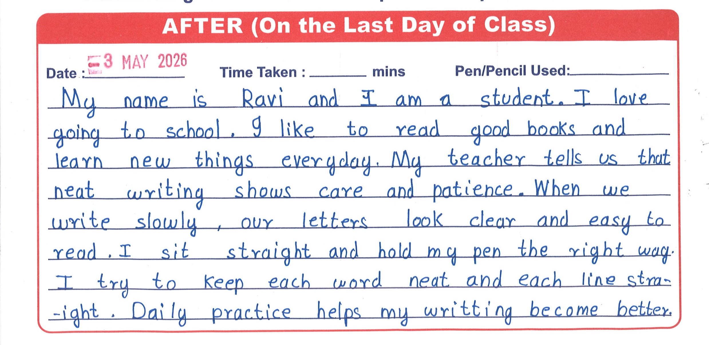 Student neat print handwriting after