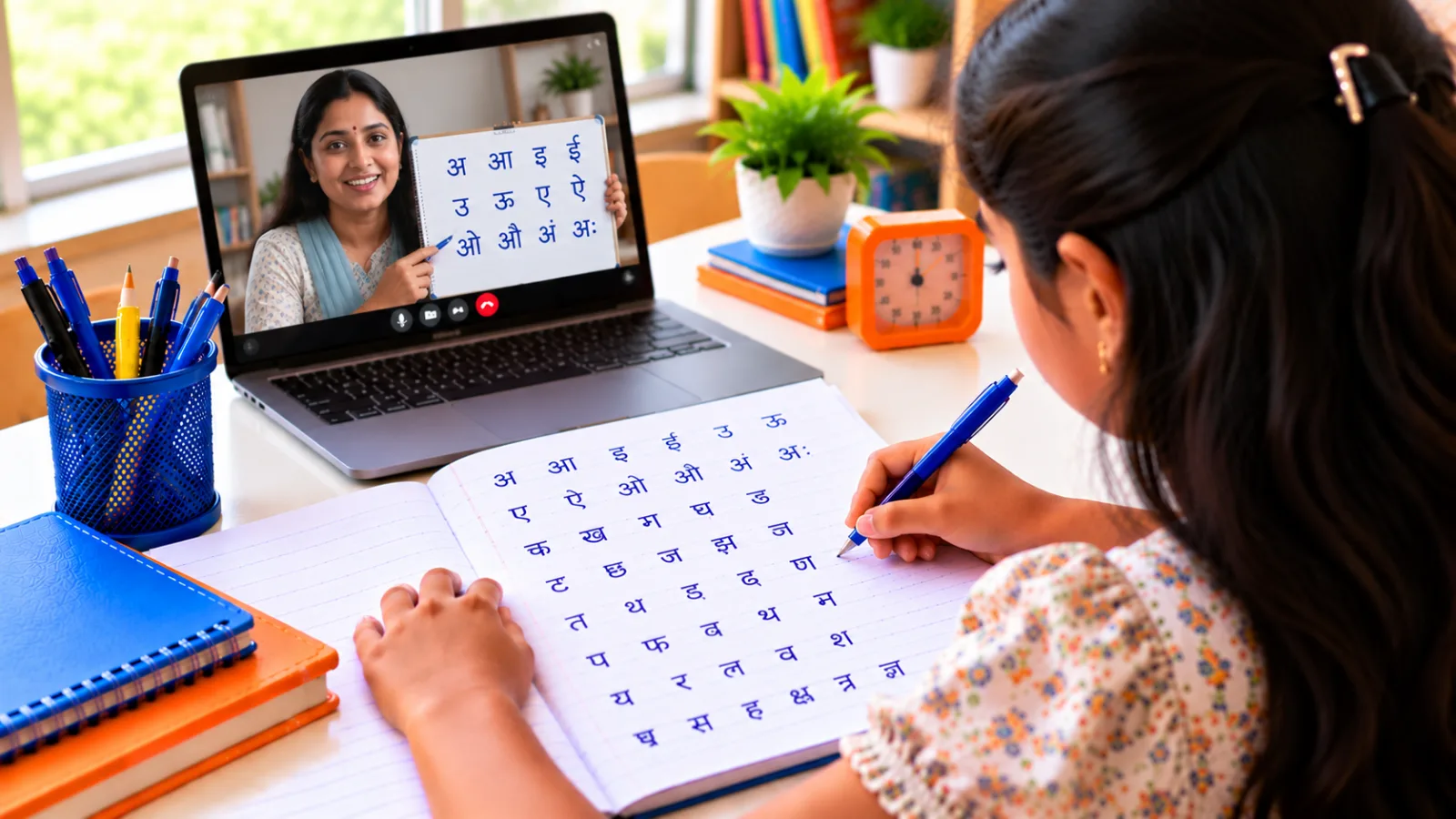 Student practising Hindi handwriting in a live online class