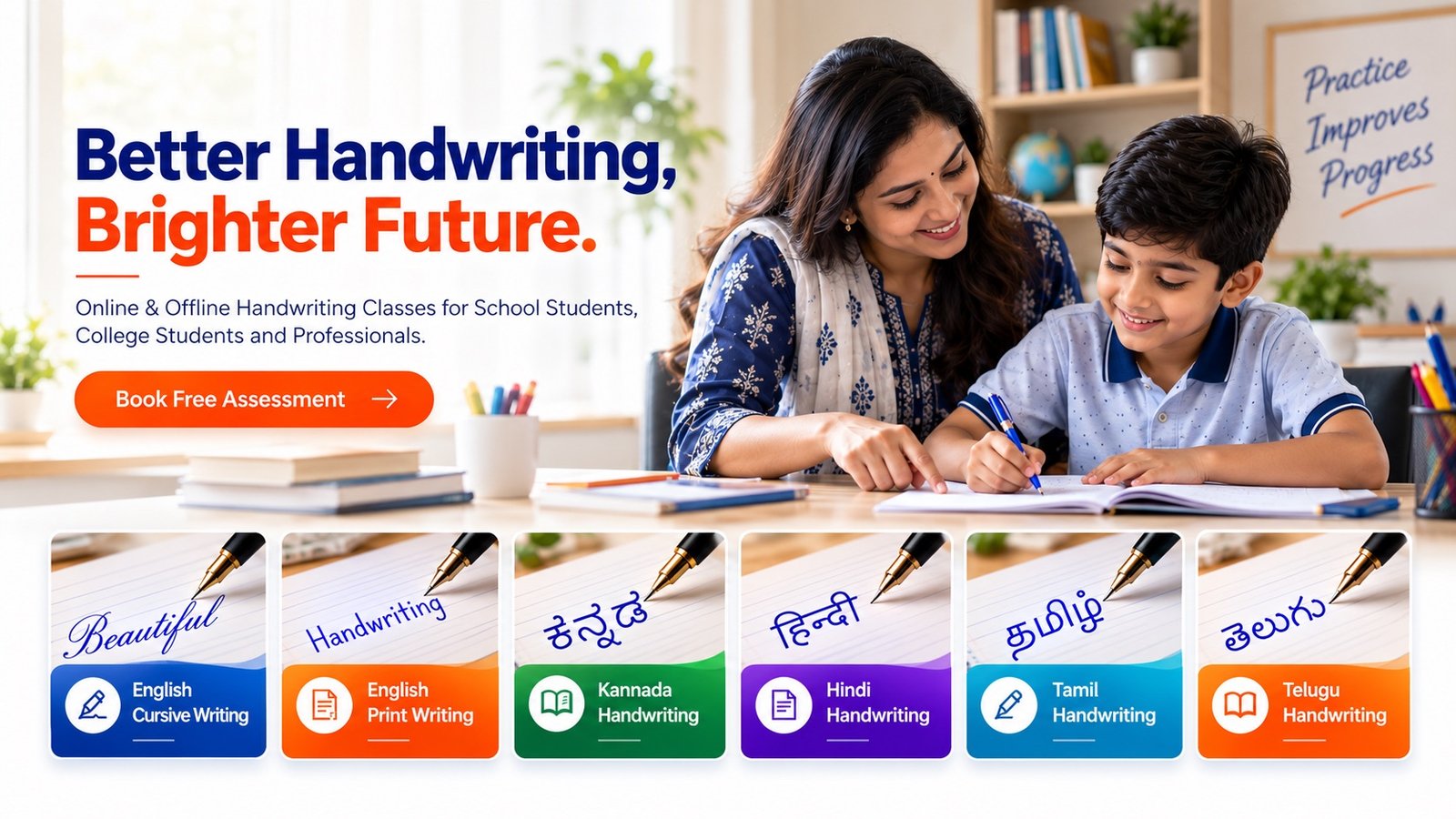 Better Handwriting, Brighter Future. Online and offline handwriting classes in English, Kannada, Hindi, Tamil and Telugu for school students, college students and professionals. Book a free assessment.