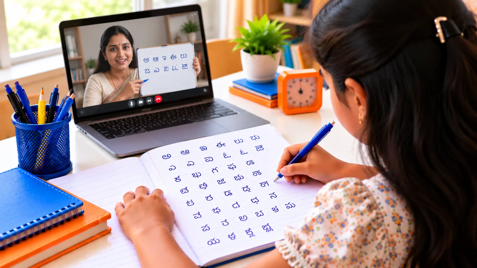 Student practising Kannada handwriting in a live online class