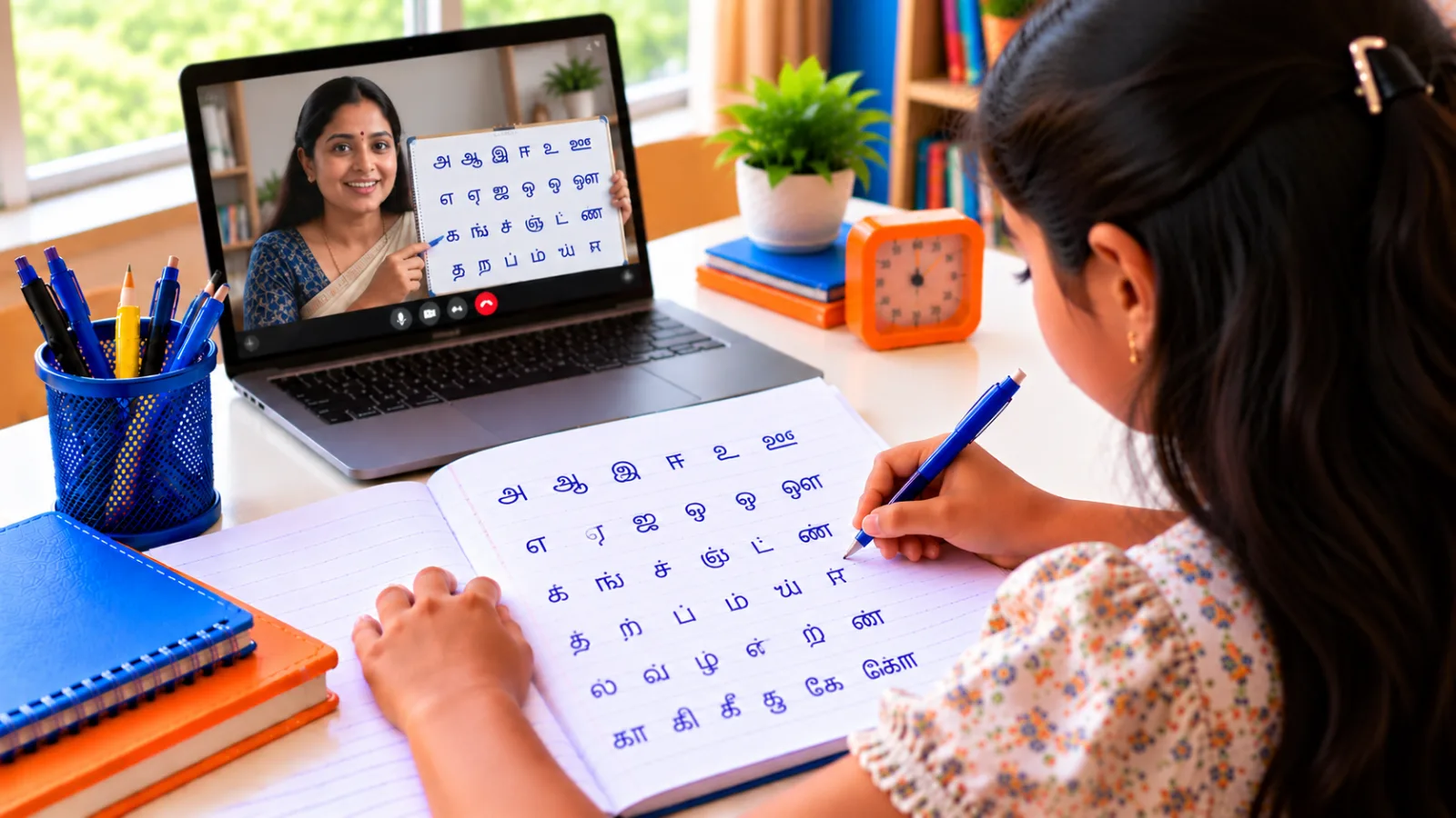 Student practising Tamil handwriting in a live online class