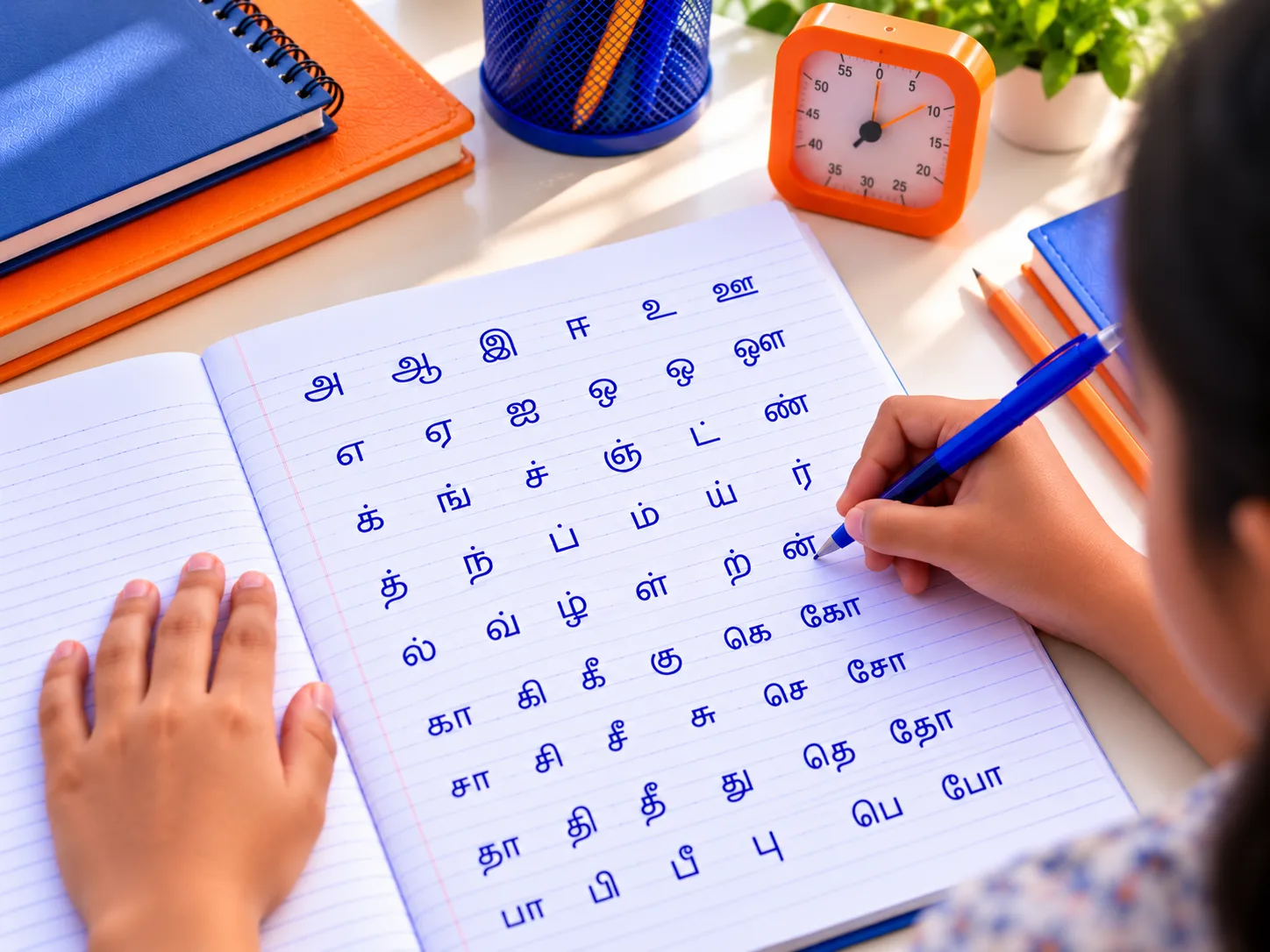 Student practising Tamil handwriting at HandwritingAone