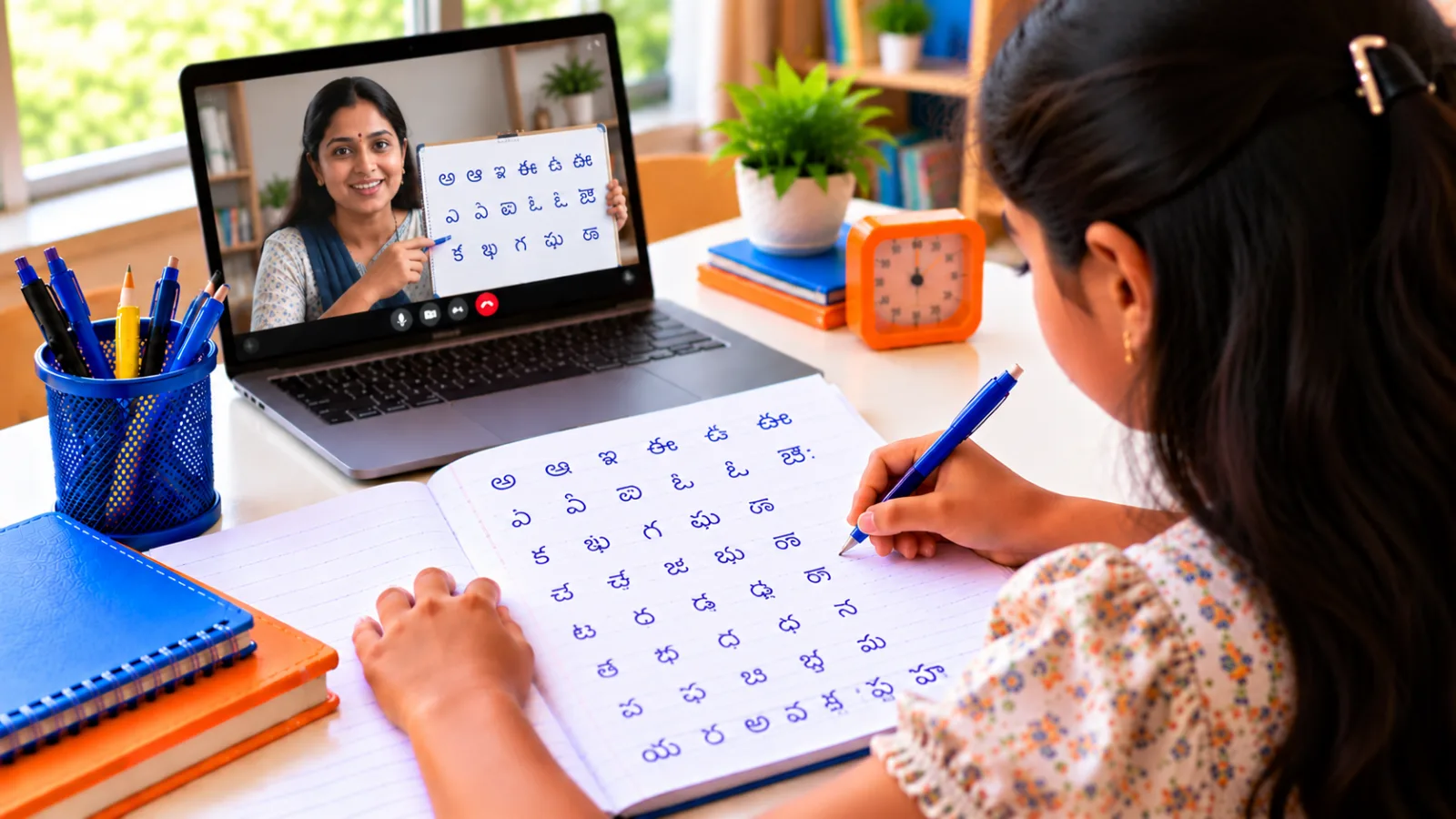Student practising Telugu handwriting in a live online class